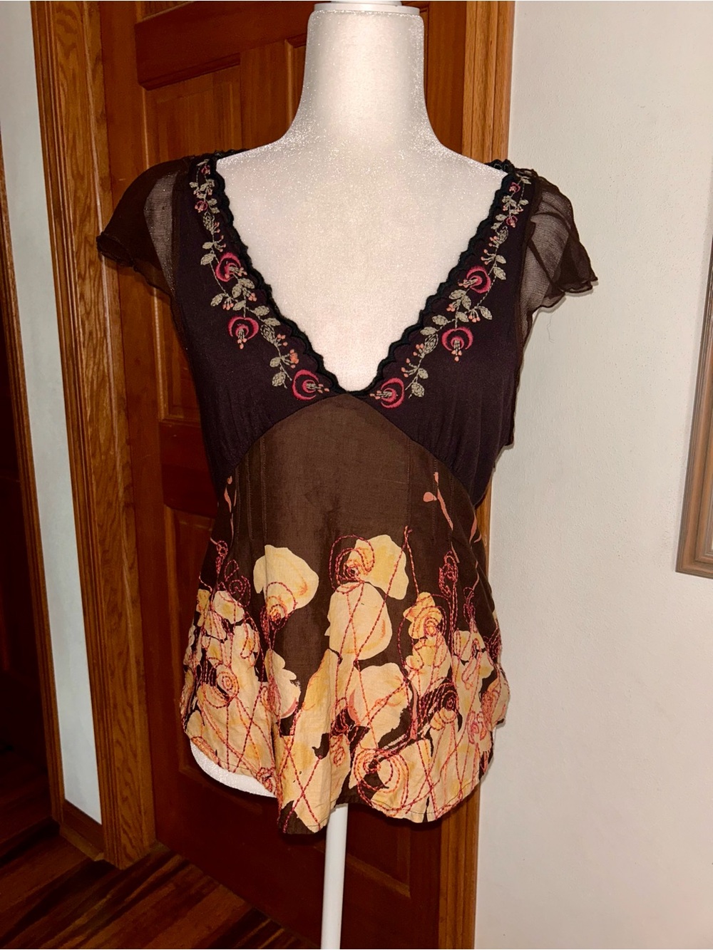 Free People Brown Floral Embroidered V-Neck Tank